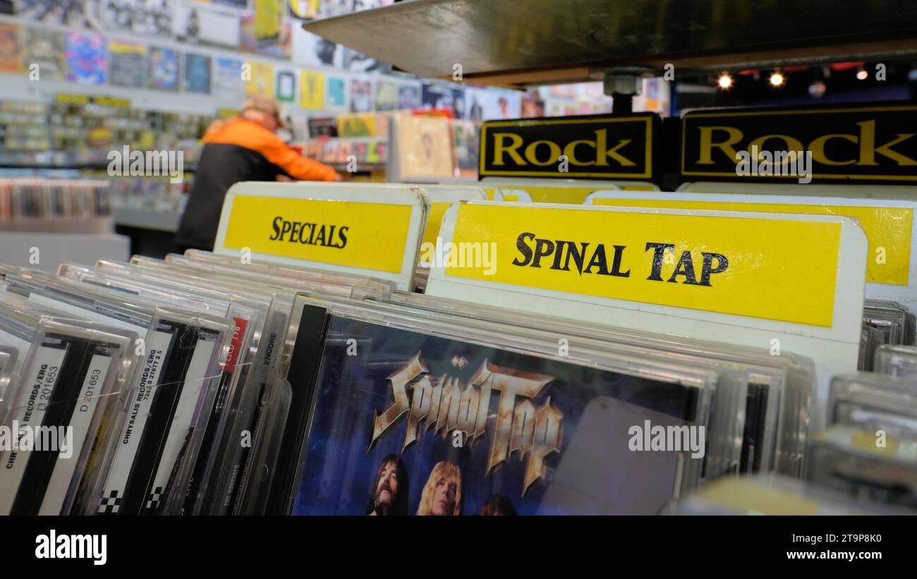 Spinal Tap label in the Amoeba Music store used CD section for the rock music genre; San Francisco, California. Stock Photo