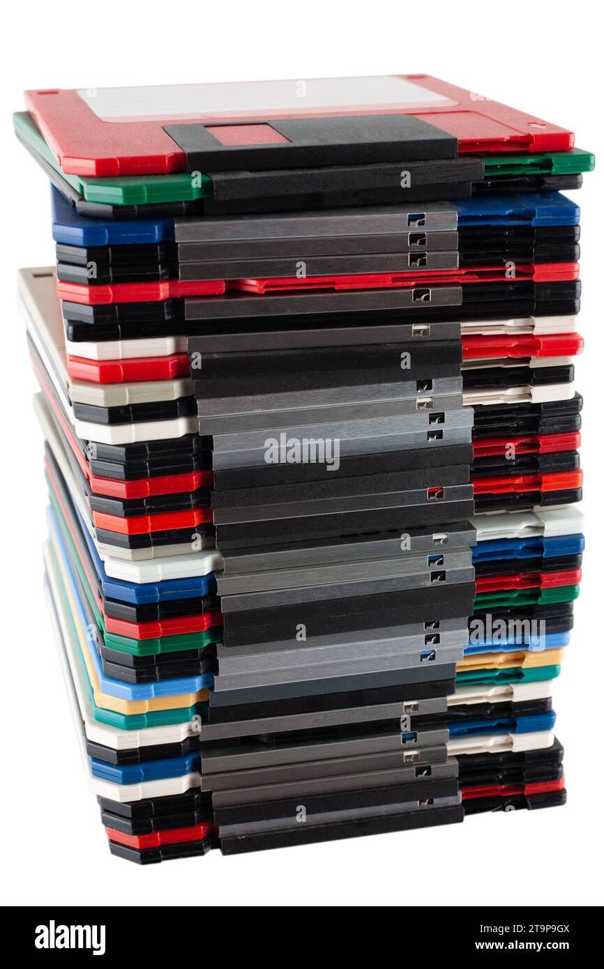 Colored old retro floppy diskettes in stack. Isolated on white background. Stock Photo
