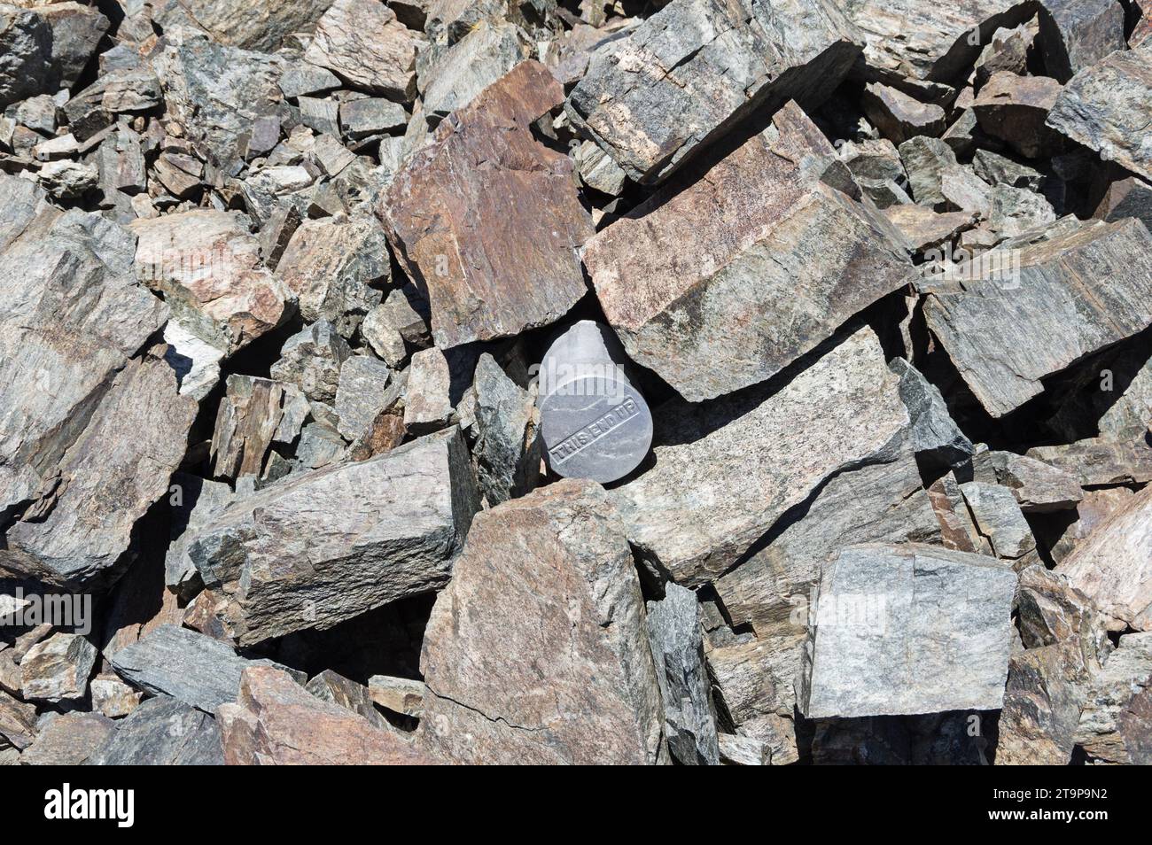 aluminum summit register on 13282 foot Mount McDuffie in the Sierra Nevada mountains of California Stock Photo