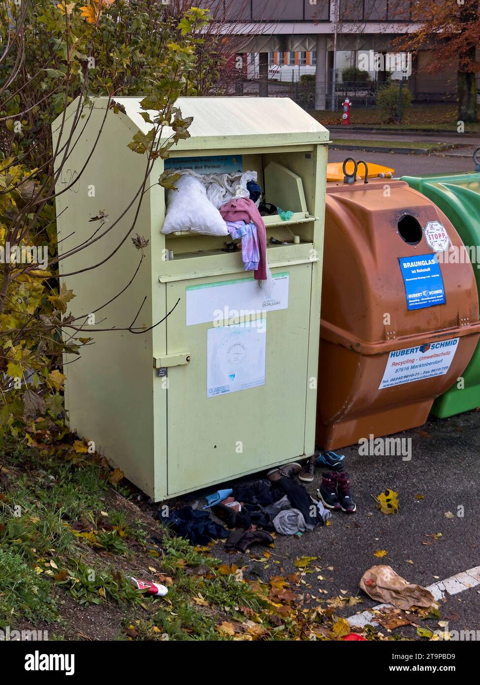 Old clothes container on nov 18, 2023in Marktoberdorf, Germany. Credit