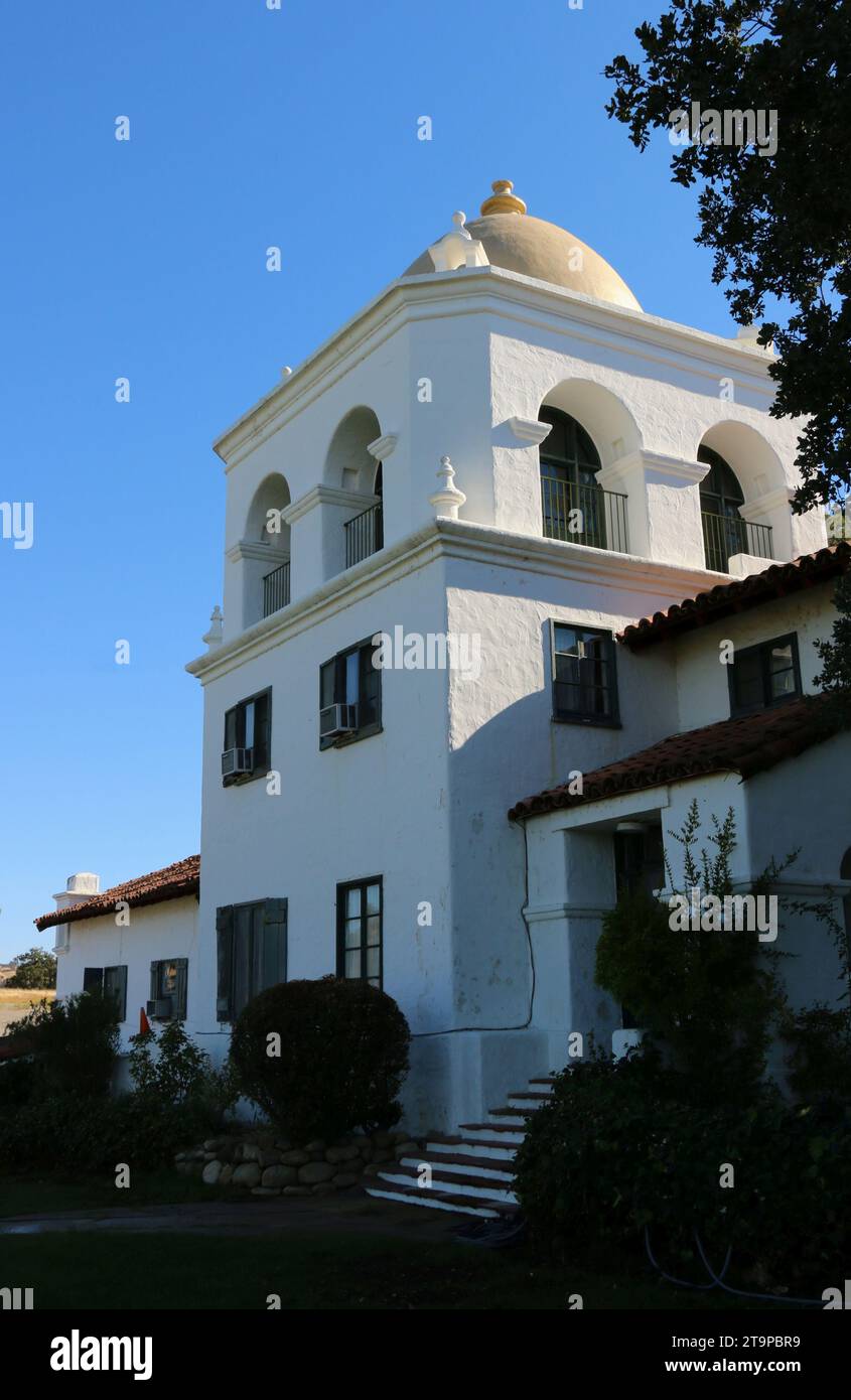 Jolon, California, USA - 20 Oct 2023: Moorish style basilica tower of the Hearst Hacienda Hotel. Stock Photo