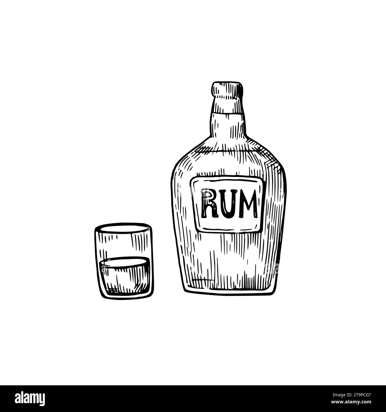 Rum bottle with glass. Hand drawn vector illustration in retro woodcut style Stock Vector