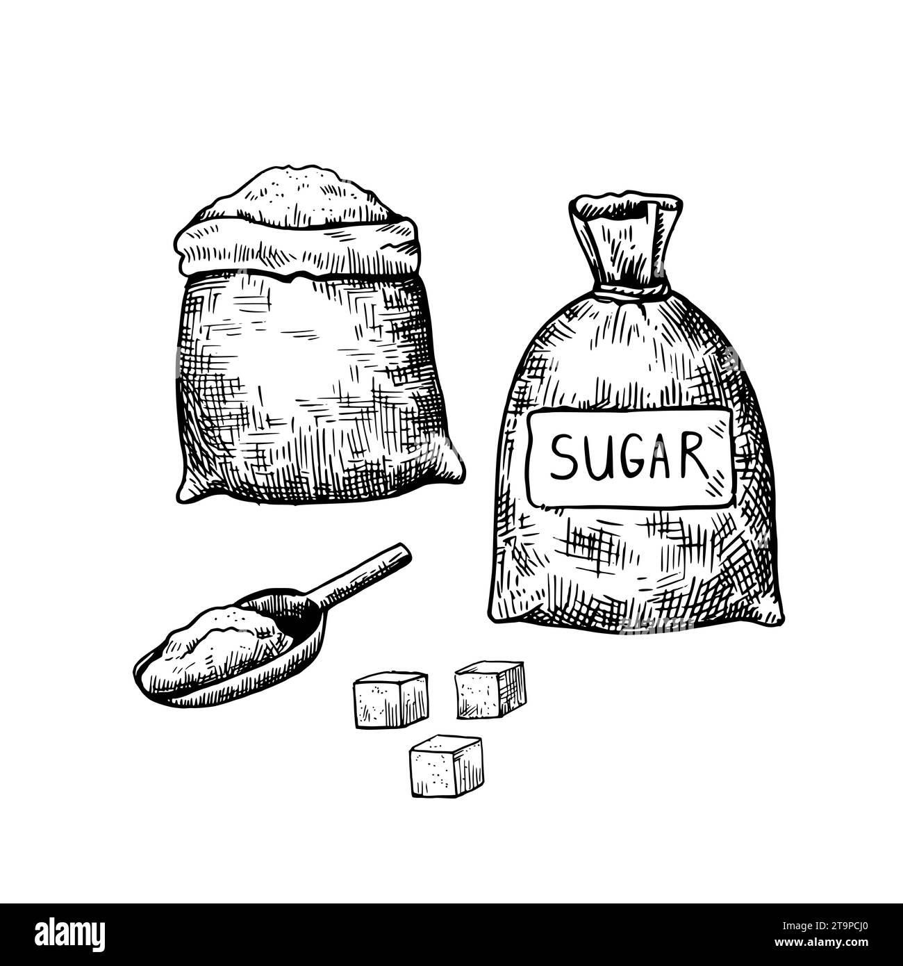Sacks with flour or sugar, cubes of sugar lump and scoop. Hand drawn black and white illustration in engraving style. Vector design elements isolated Stock Vector