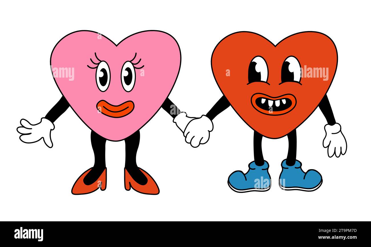 Retro 70s 60s 80s Hippie Groovy Valentine day lovely Hearts Characters. Girl and boy in love. Hold hand. Mascots in Funky trendy cartoon style. Vector Stock Vector