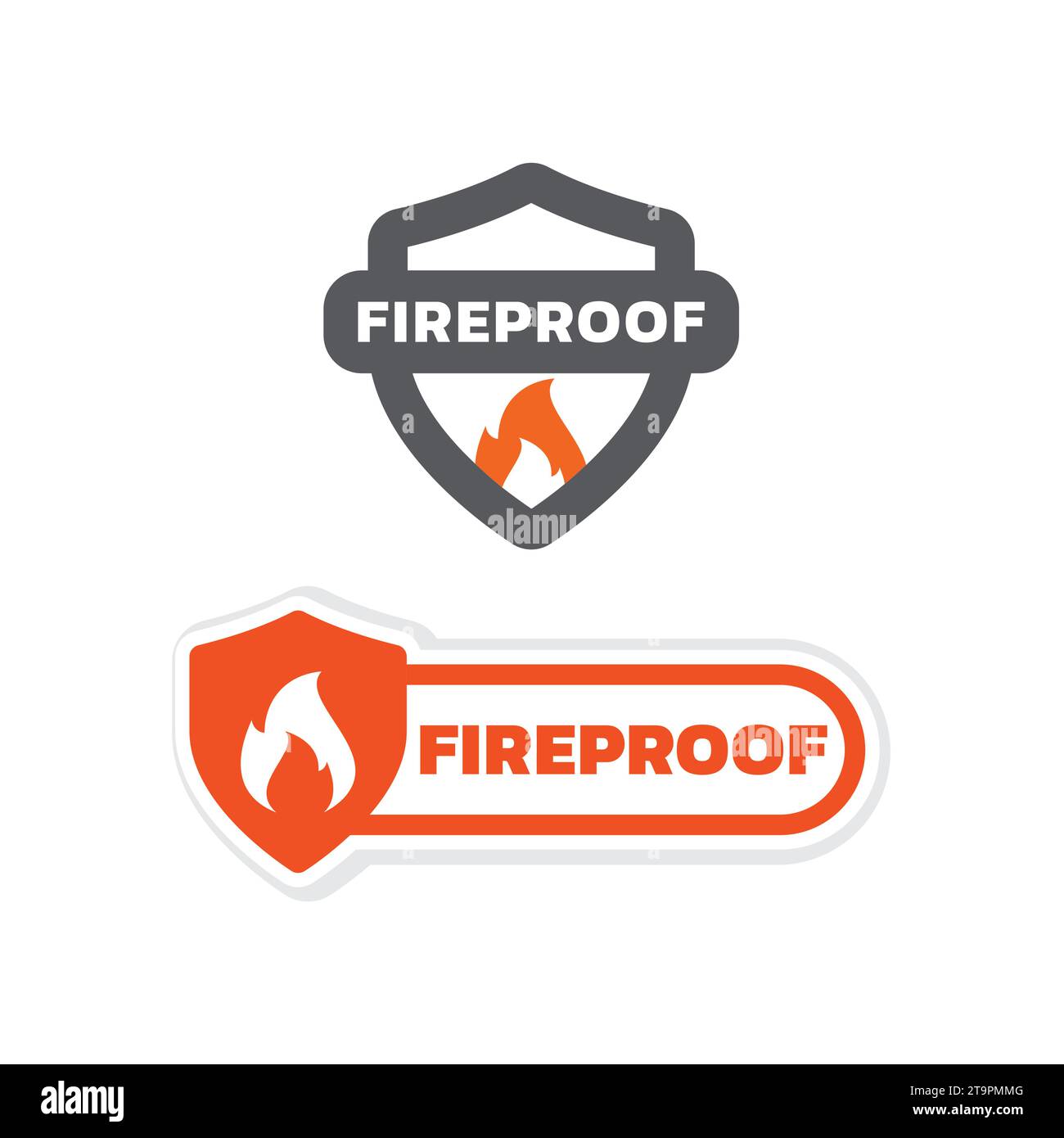 Fireproof with shield and flame vector labels. Fire proof or resistant