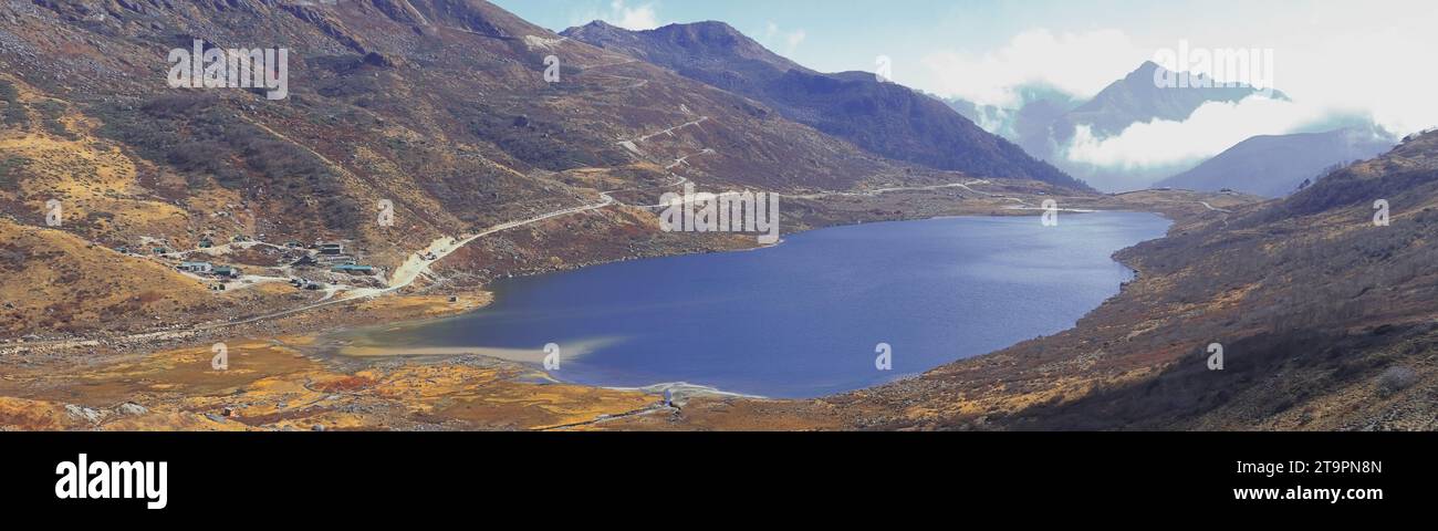 birds eye view of beautiful elephant lake and surrounding mountains, located near nathang valley close to india china border in east sikkim, india Stock Photo