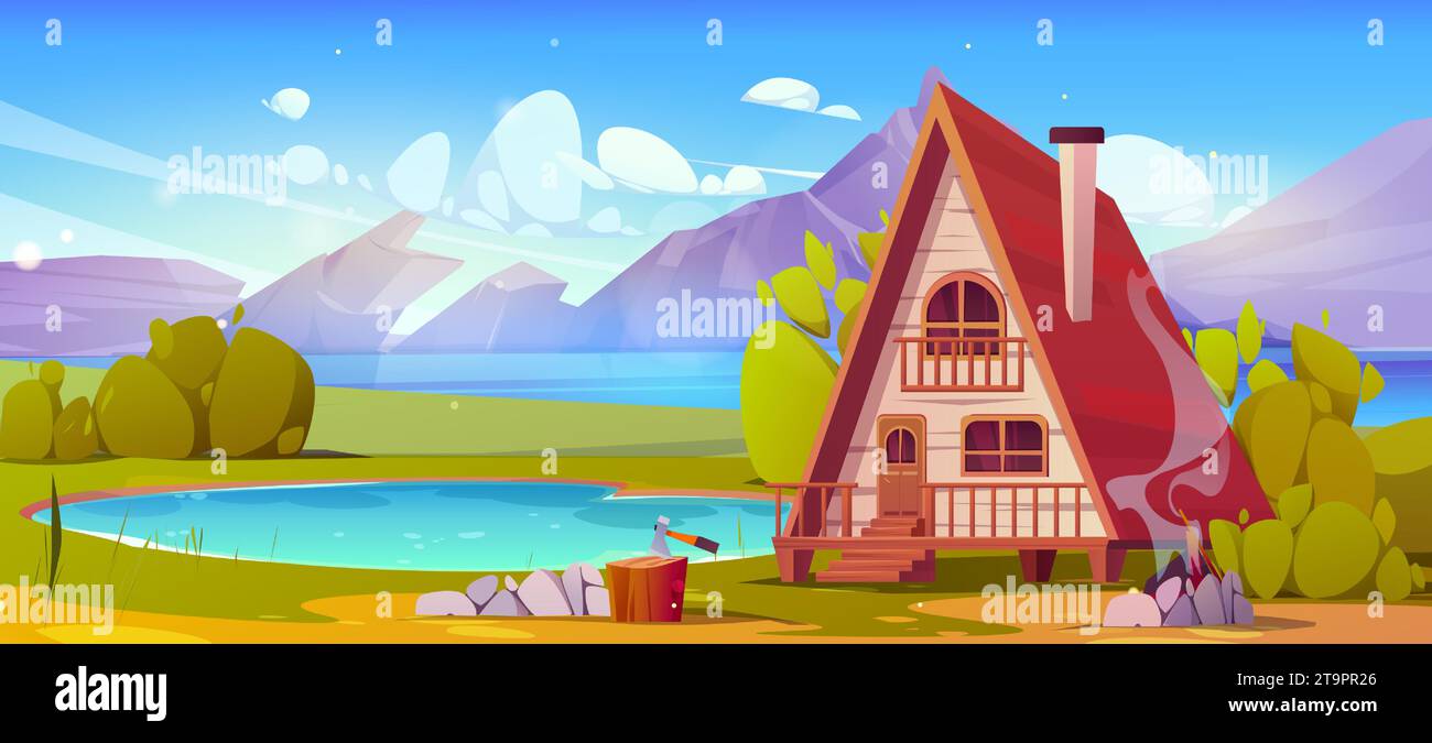 Panoramic summer landscape with wooden hut and campfire on shore of lake near rocky mountains. Cartoon vector illustration of wood cottage near water pond for camping and outdoor recreation. Stock Vector