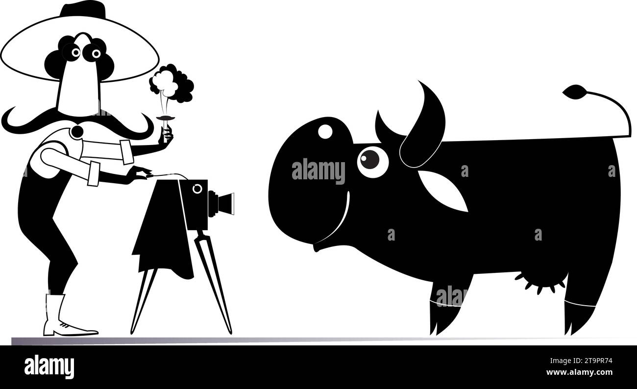 Cartoon farmer takes a photo of the cow.  Cattle farm. Funny long mustache man in the hat takes a photo of the cow. Black and white illustration Stock Vector