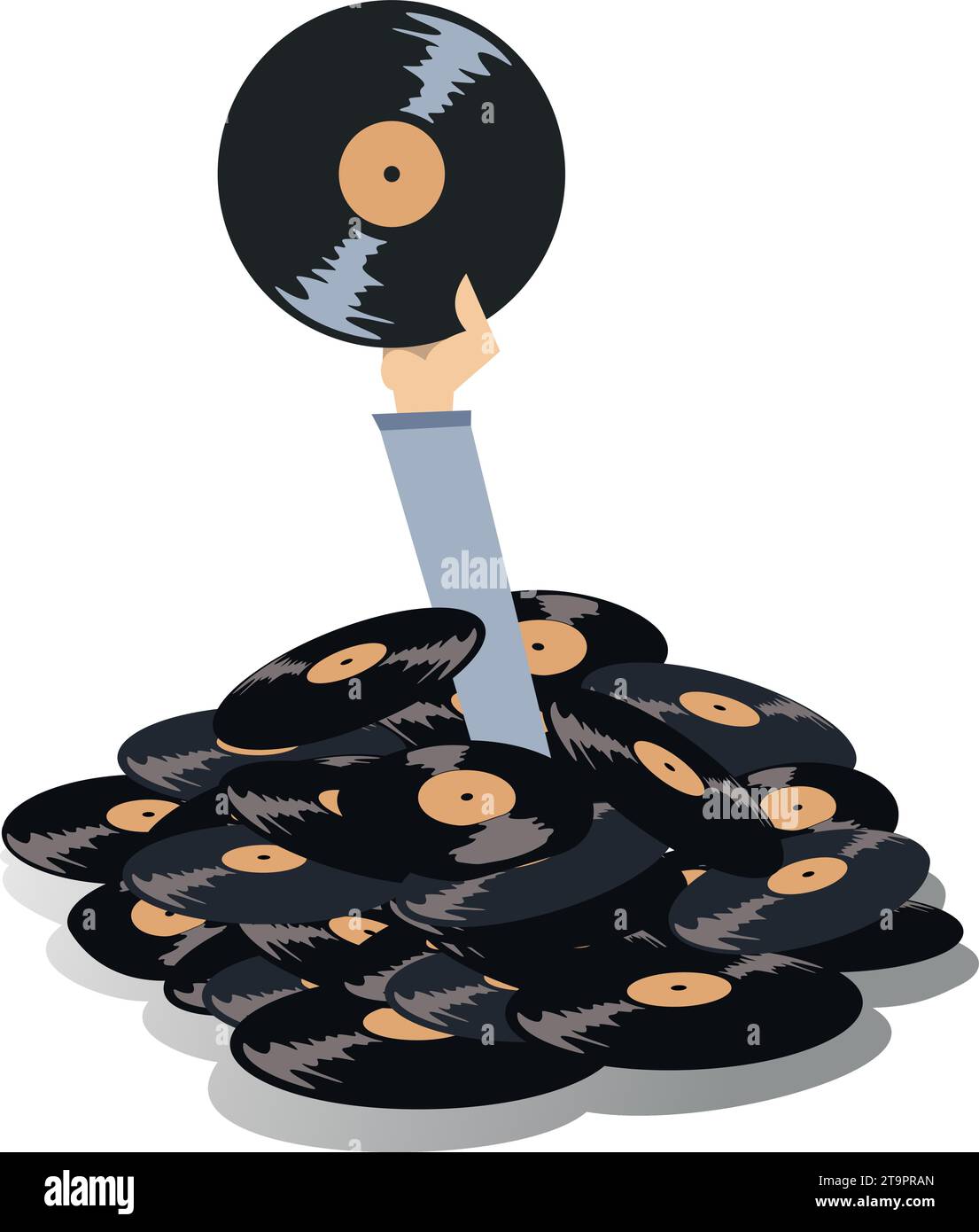 Hand holding a long playing record. Pile of records. Hand with a long play record appears from a big pile of records Stock Vector
