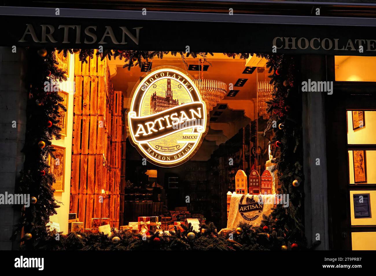 Closeup on the display of the Artisan chcolate manufacturer window display shop at the Brussel Sentral market square Stock Photo