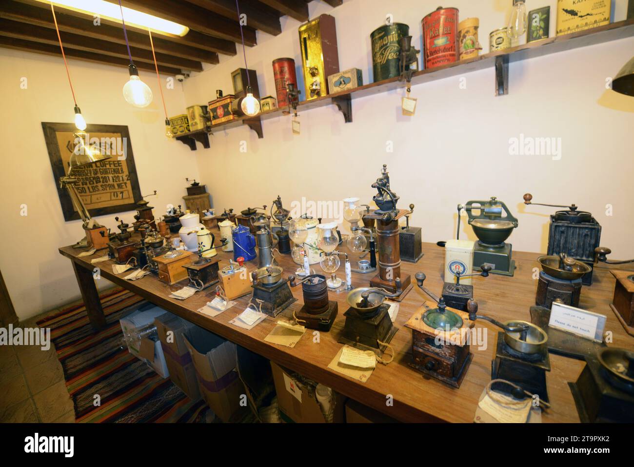 History of Coffee and variety of coffee related items displayed at the