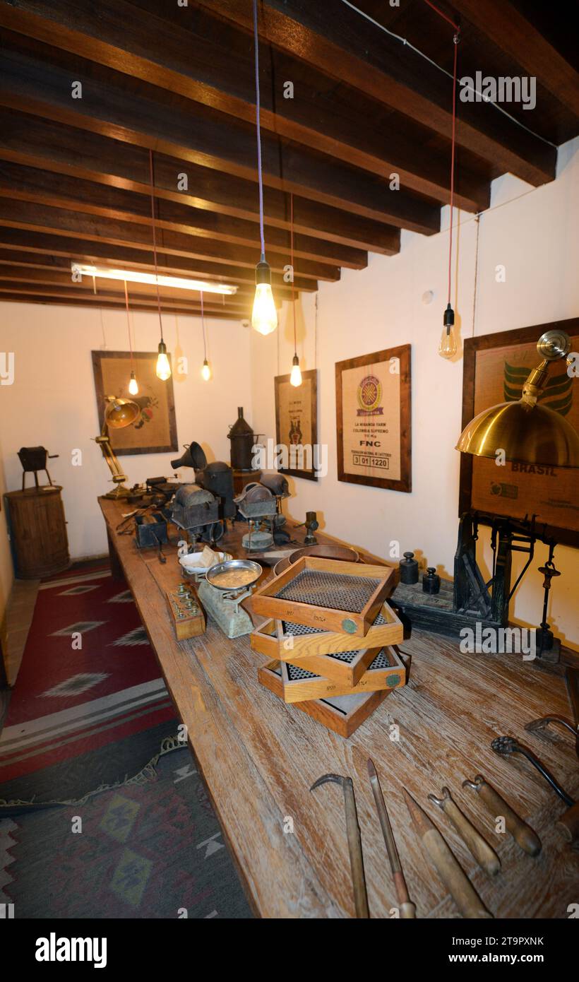 History of Coffee and variety of coffee related items displayed at the Coffee Museum in the historical neighborhood of Al Fahidi in Old Dubai, UAE. Stock Photo