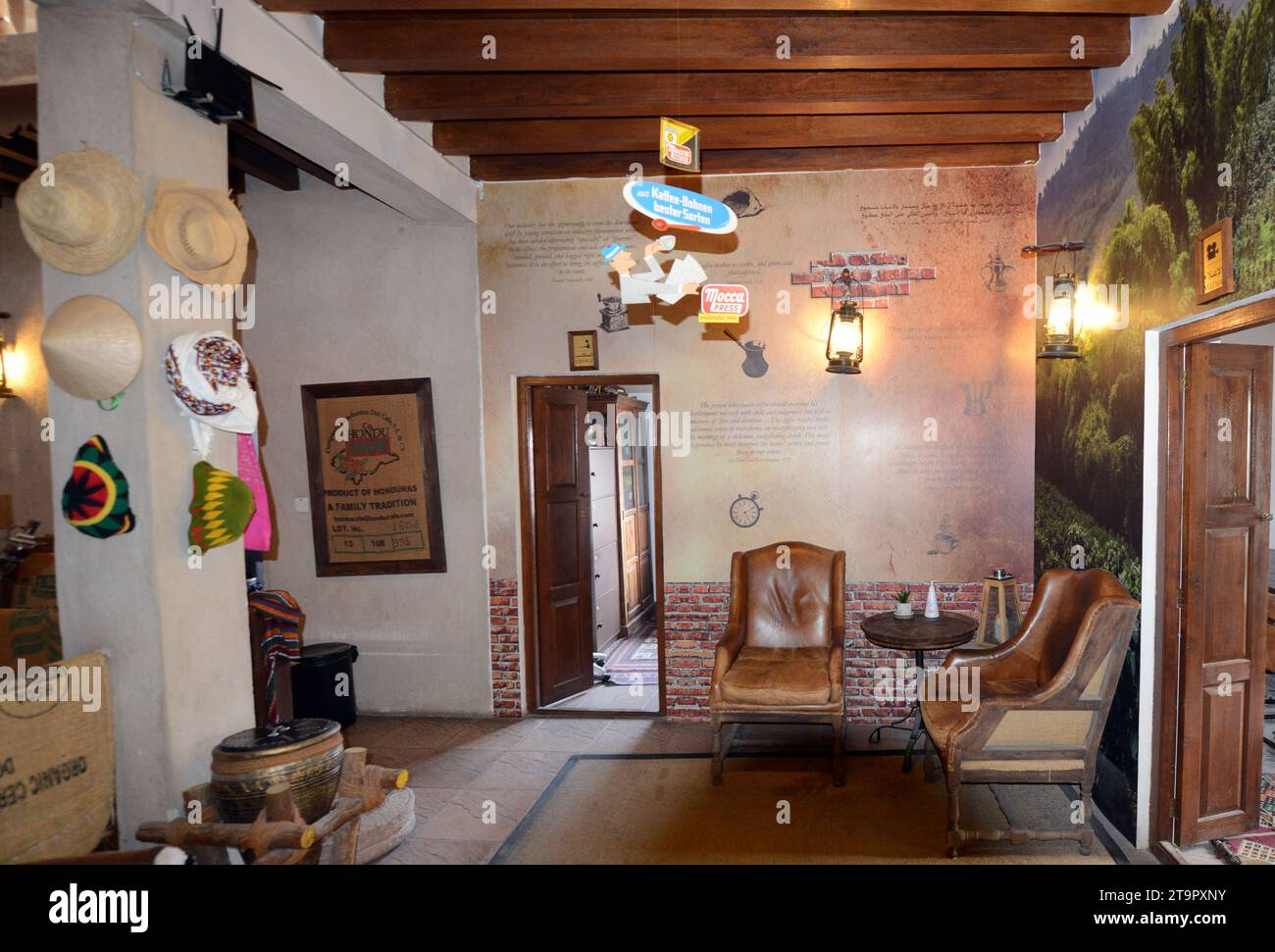 History of Coffee and variety of coffee related items displayed at the