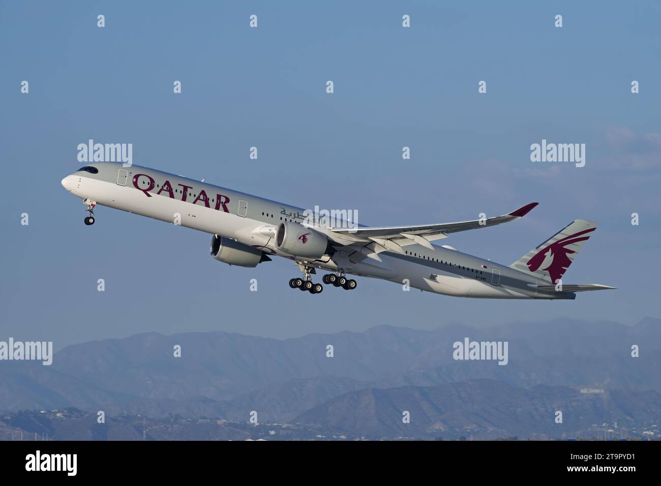 Qatar Airways Airbus A350 with registration A7ANS shown leaving from