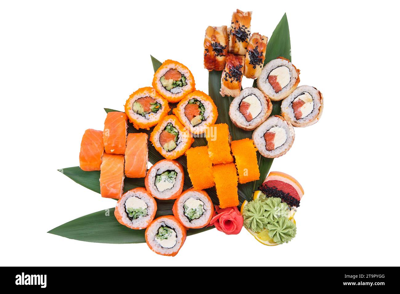 Overhead view of big set of sushi rolls served on bamboo leaves Stock Photo