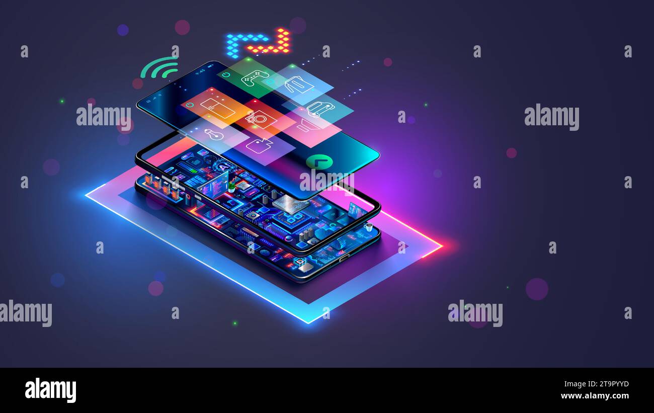 Smart home IOT system isometric concept. Icons domestic devices on screen smart phone in neon light. Electronic devices inside phone. Mobile app of Wi Stock Vector