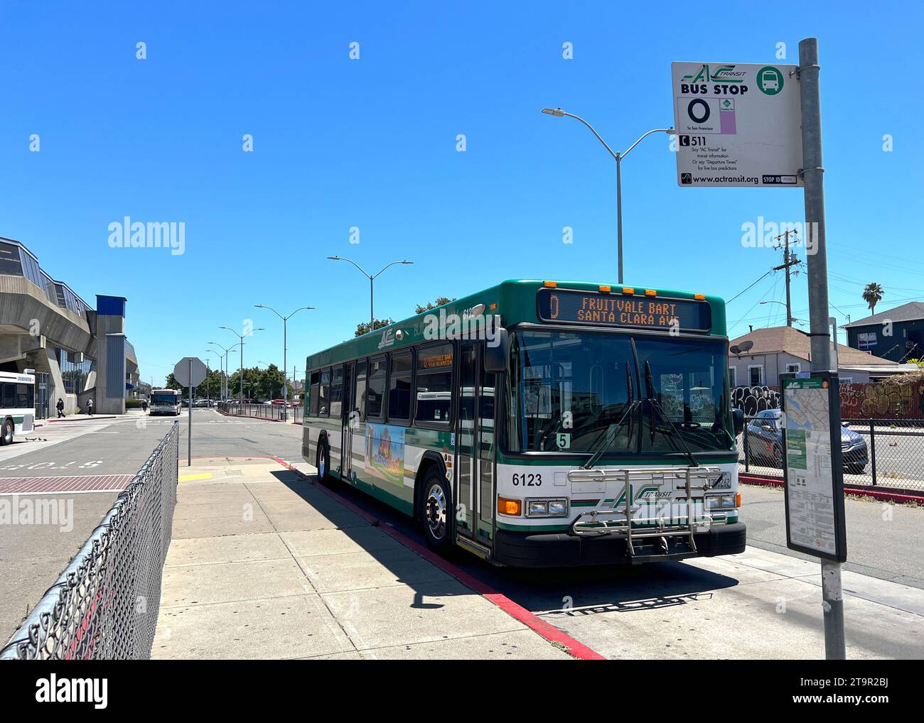 Oakland, CA - July 13, 2023: Fruitvale BART station with AC transit buses ready to transport passengers. Stock Photo