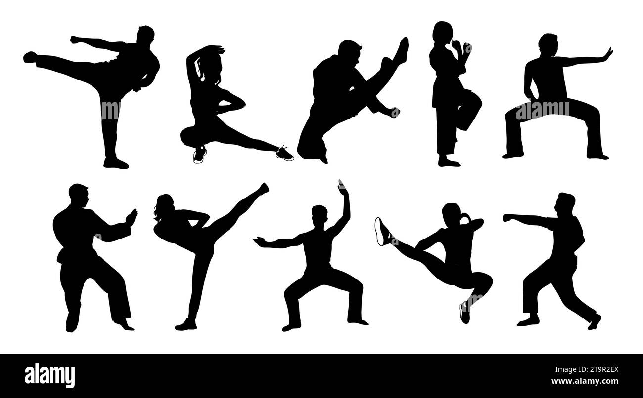 Martial art training male, female silhouettes set Stock Vector Image
