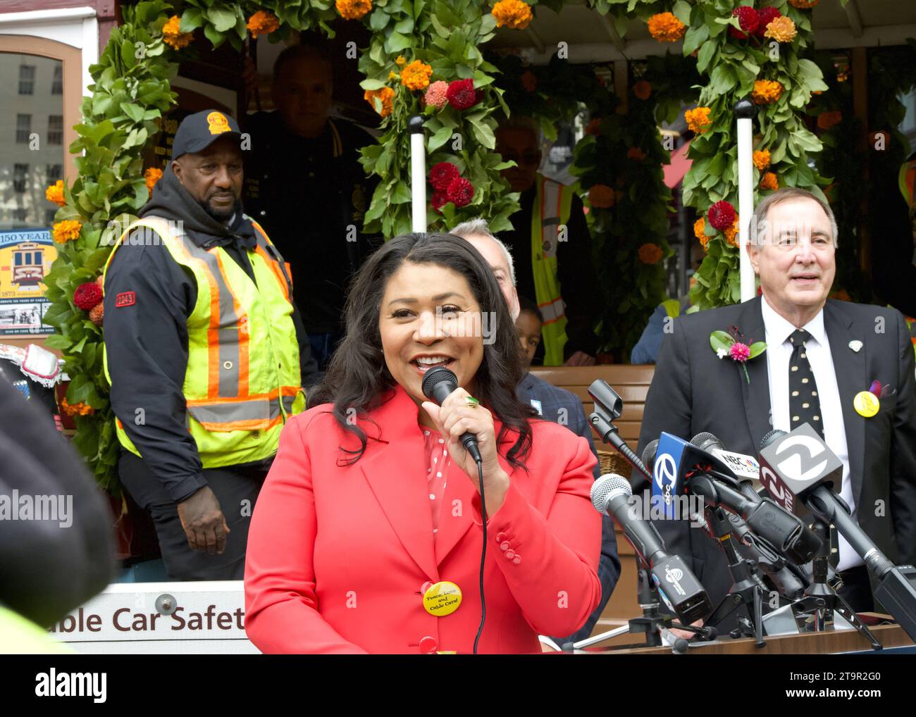 San Francisco, CA - Aug 2, 2023: Mayor London Breed, speaking at the 150th celebration of the First Cable Car Ride in the city. Stock Photo