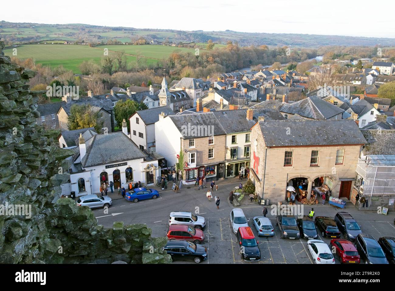 View over Hay-on-Wye book town square carpark from Hay Castle at Christimas during the Hay Winter Festival book festivals in Wales UK  KATHY DEWITT Stock Photo
