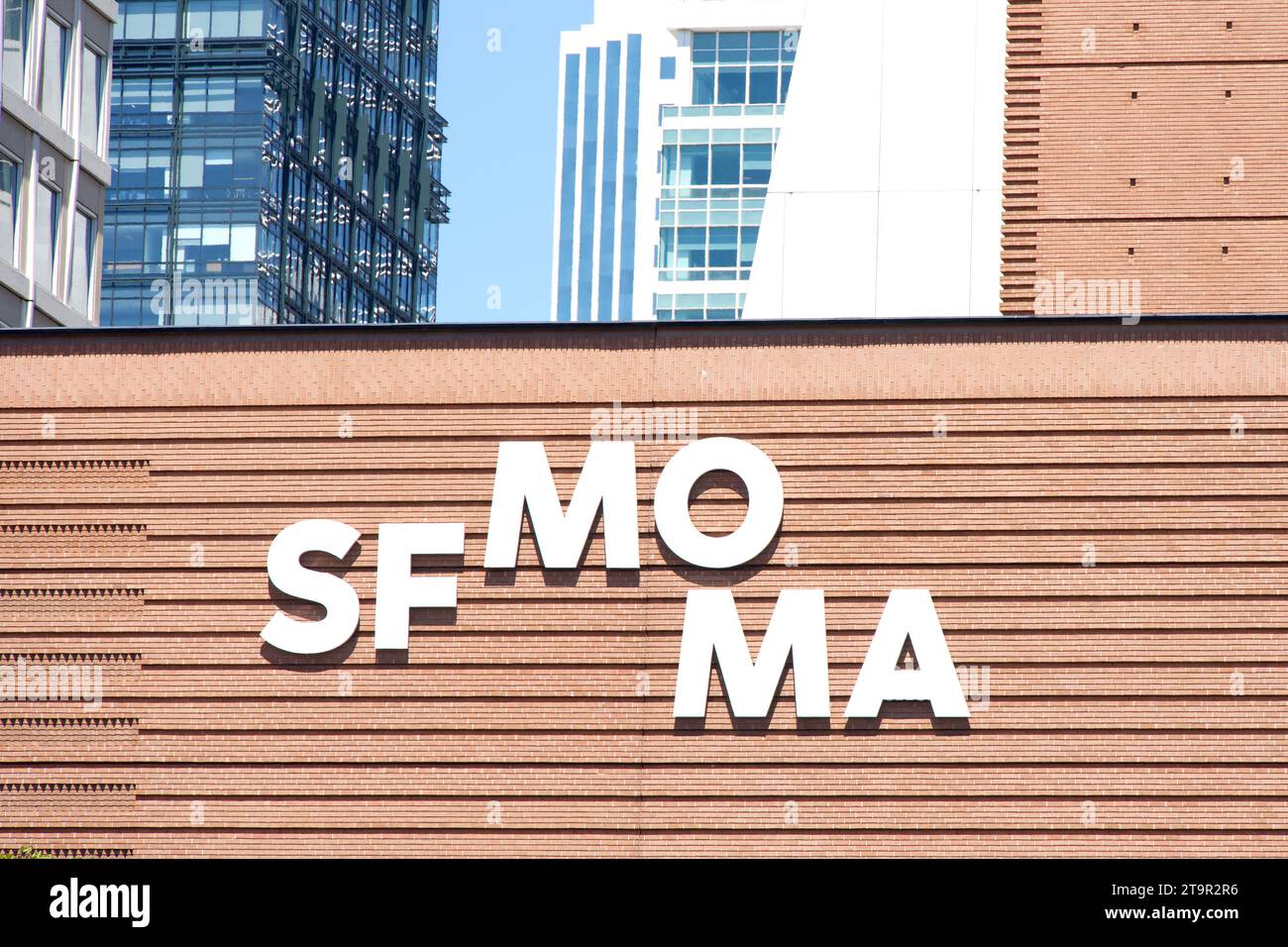 San Francisco, CA - Aug 12, 2023: Close up on the SF MOMA sign. The San Francisco Museum of Modern Art is a modern and contemporary art museum in the Stock Photo