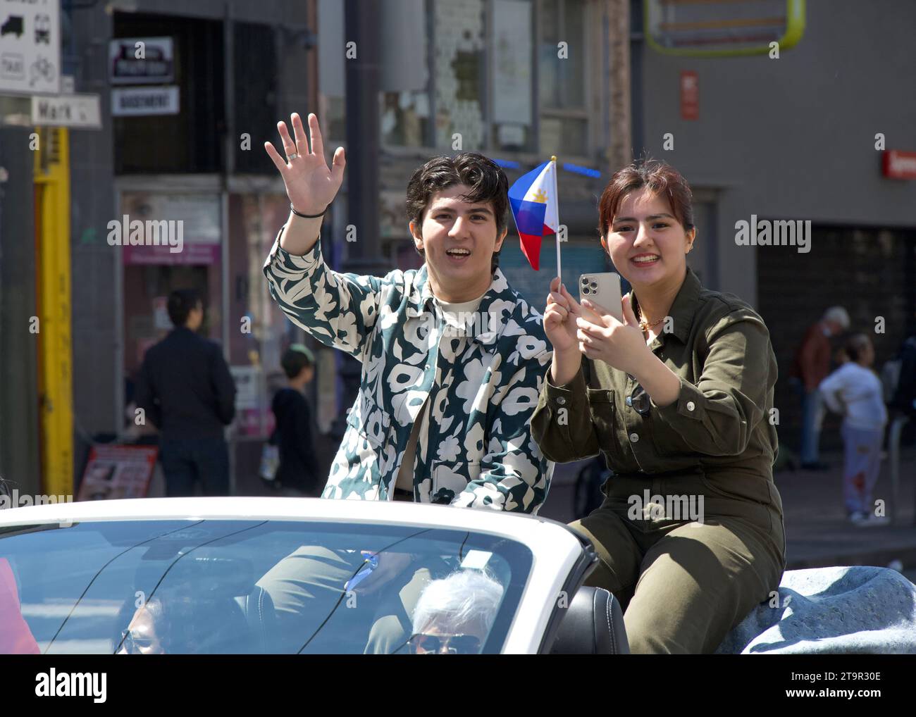 San Francisco, CA - Aug 12, 2023: Mavy Legospi and Cassy Legaspi in the 30th annual Pistahan Parade, a colorful display of Filipino community pride an Stock Photo