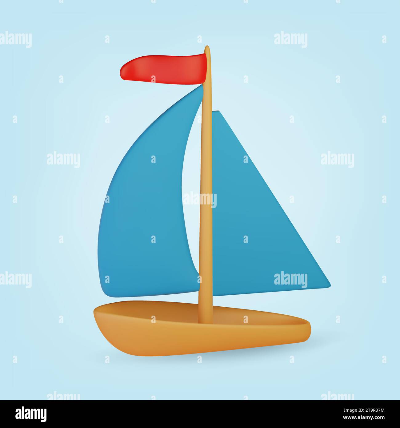 3d toy boat. Realistic render on blue background. Vector illustration