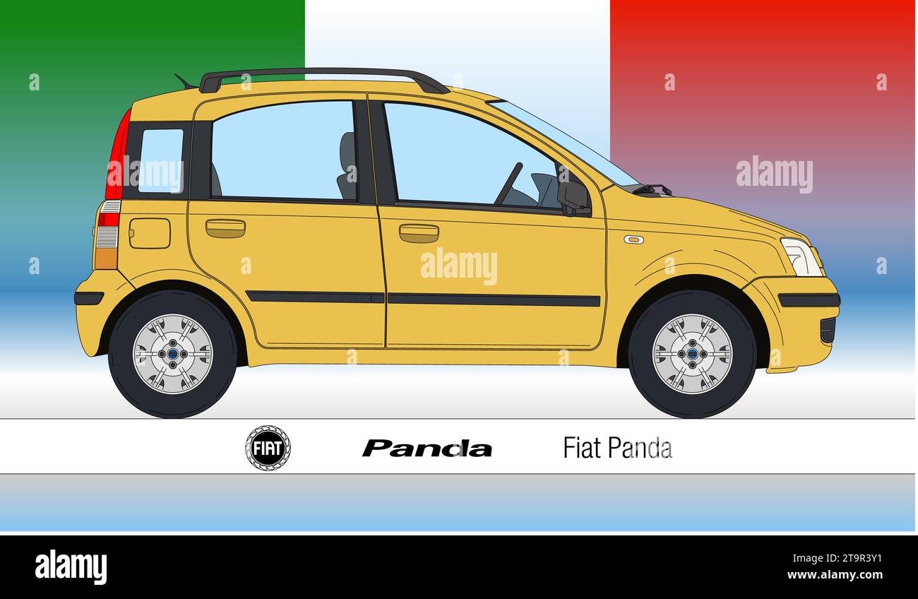 Italy, year 2003, Fiat Panda, second version of the popular italian car, vintage, silhouette outlined, coloured illustration with italian flag Stock Photo