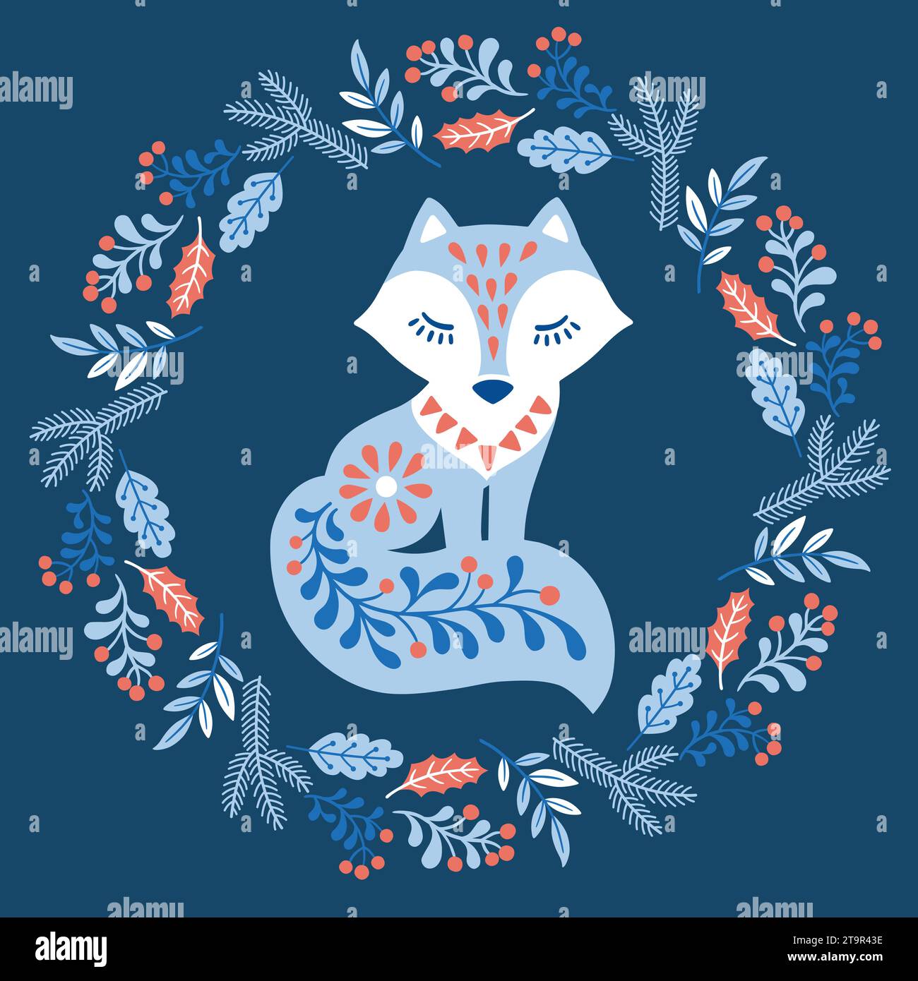 Vector hand drawn illustration of animals in Nordic style hygge. Fox in floral wreath in Folk Scandinavian style Stock Vector