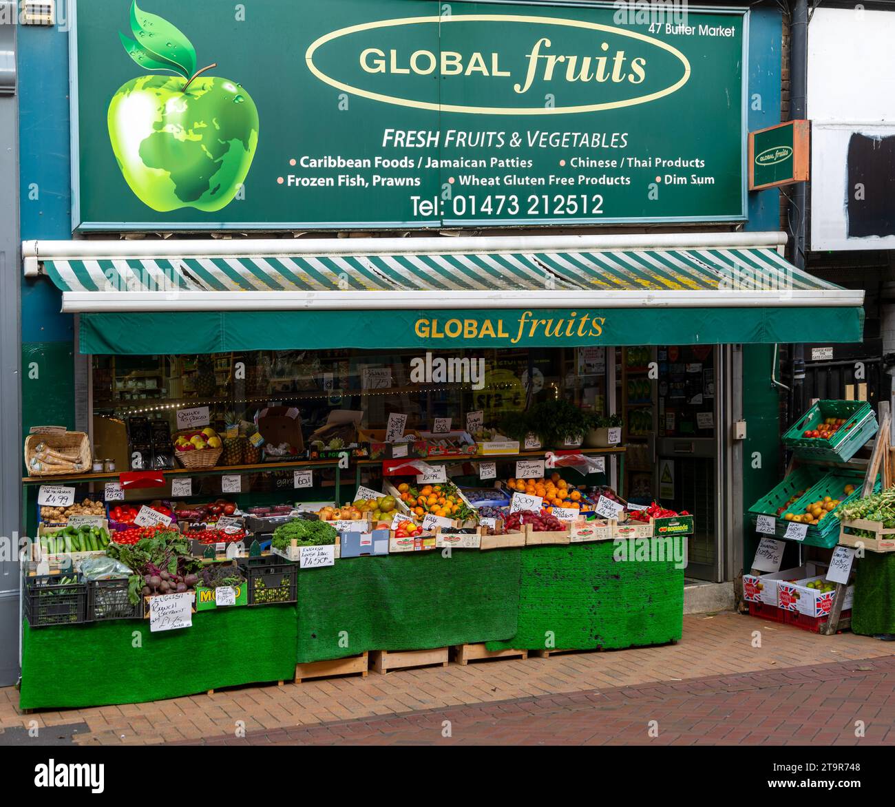 Greengrocer shop in town centre, Global Fruits, Ipswich, Suffolk, England, UK Stock Photo