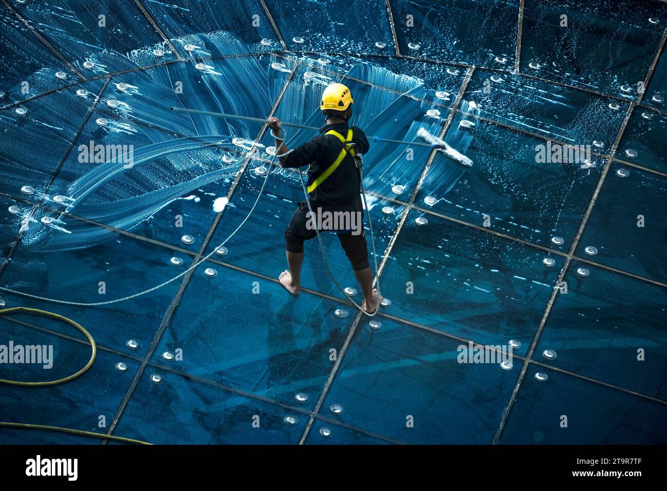 Doha, Qatar November 10, 2023 Window cleaner's working on facade of