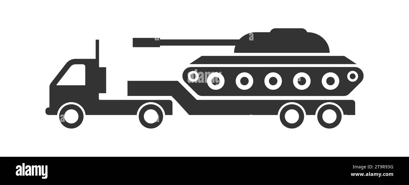 Tank on a truck icon. Military tank transportation icon. Flat vector illustration. Stock Vector
