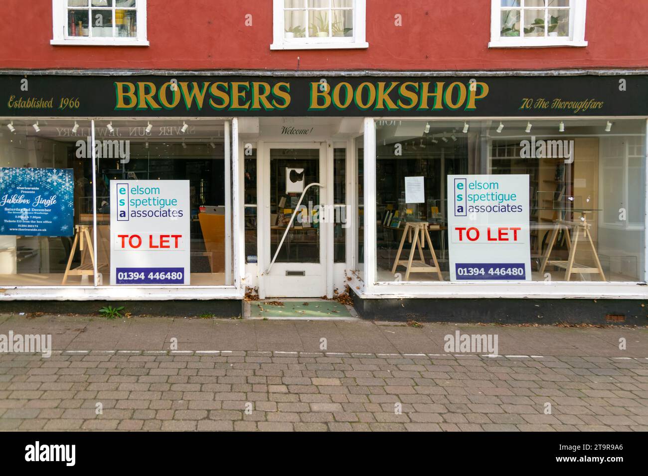Browsers bookshop closed and to let, Elsom Spettigue Associates, Woodbridge, Suffolk, England, UK Stock Photo