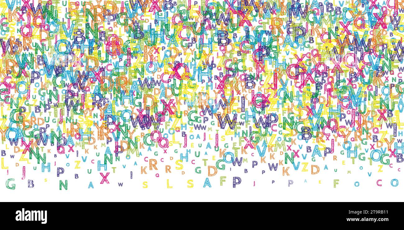 Falling letters of English language. Bright handdrawn flying words of ...