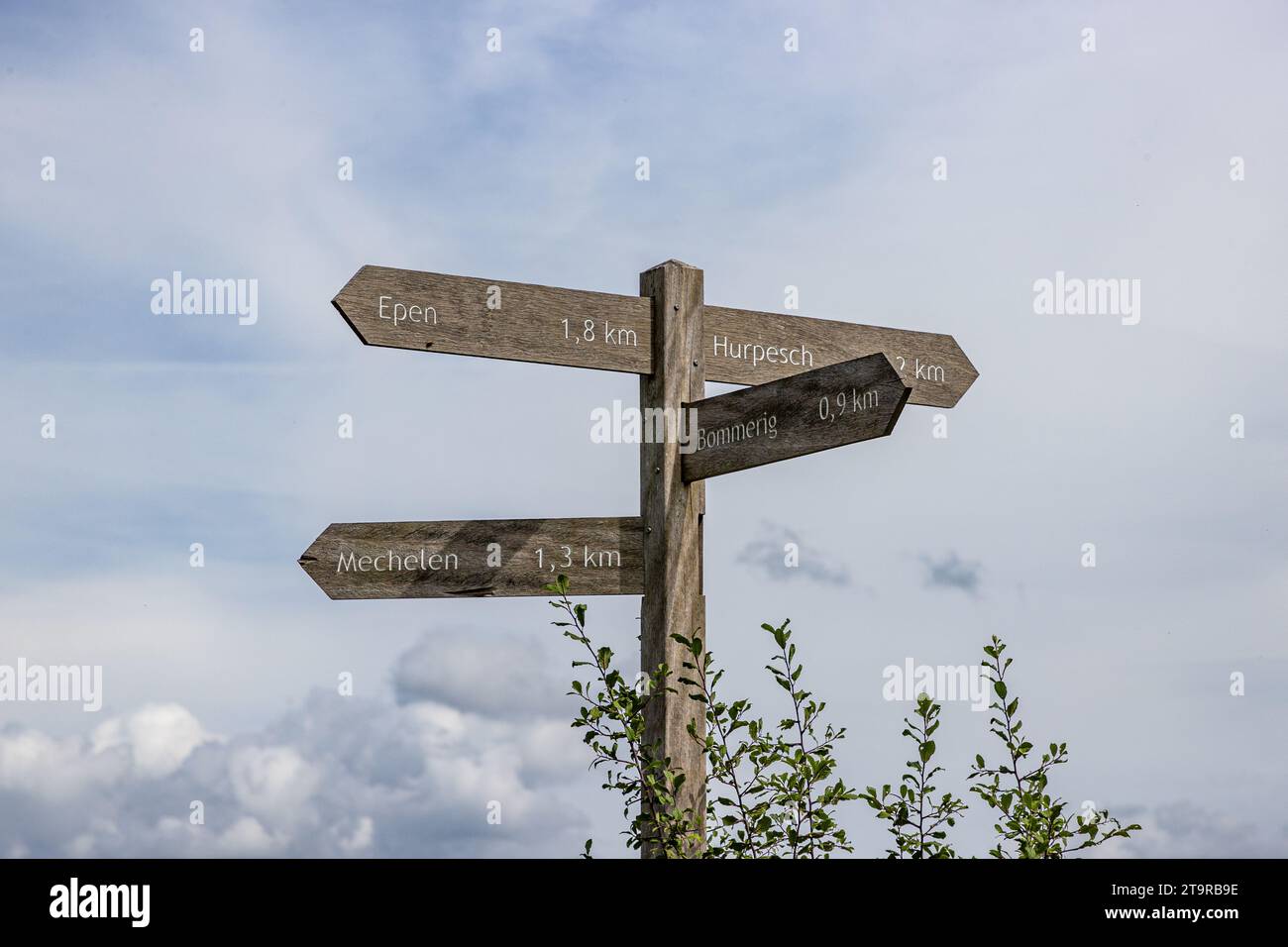 Wooden signpost at crossroads in Gulpen-Wittem region against cloud-covered sky, towards towns: Epen, Hurpesch, Bommering and Mechelen, hiking trails, Stock Photo