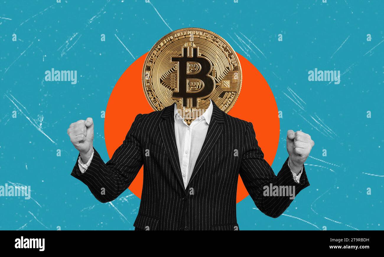 Exchange rates, stock quotes and business. Man in black suit with bitcoin sign instead of head. Collage of modern art. Stock Photo