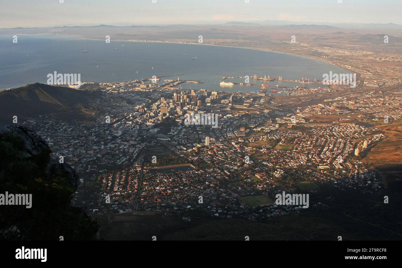 The City of Cape Town seen from the top of Table Mountain in the evening light. Stock Photo