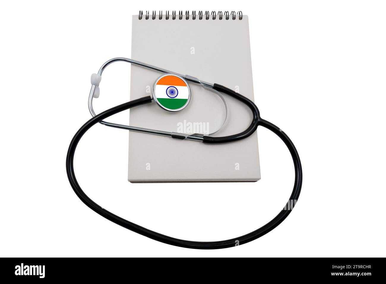 Stethoscope with Indian flag head and blank notepad isolated on white