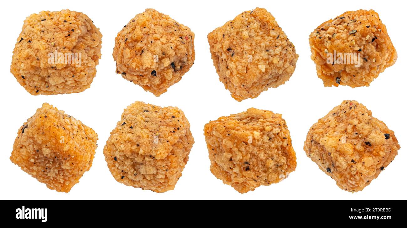 Deep fried breaded tofu cubes isolated on white background Stock Photo