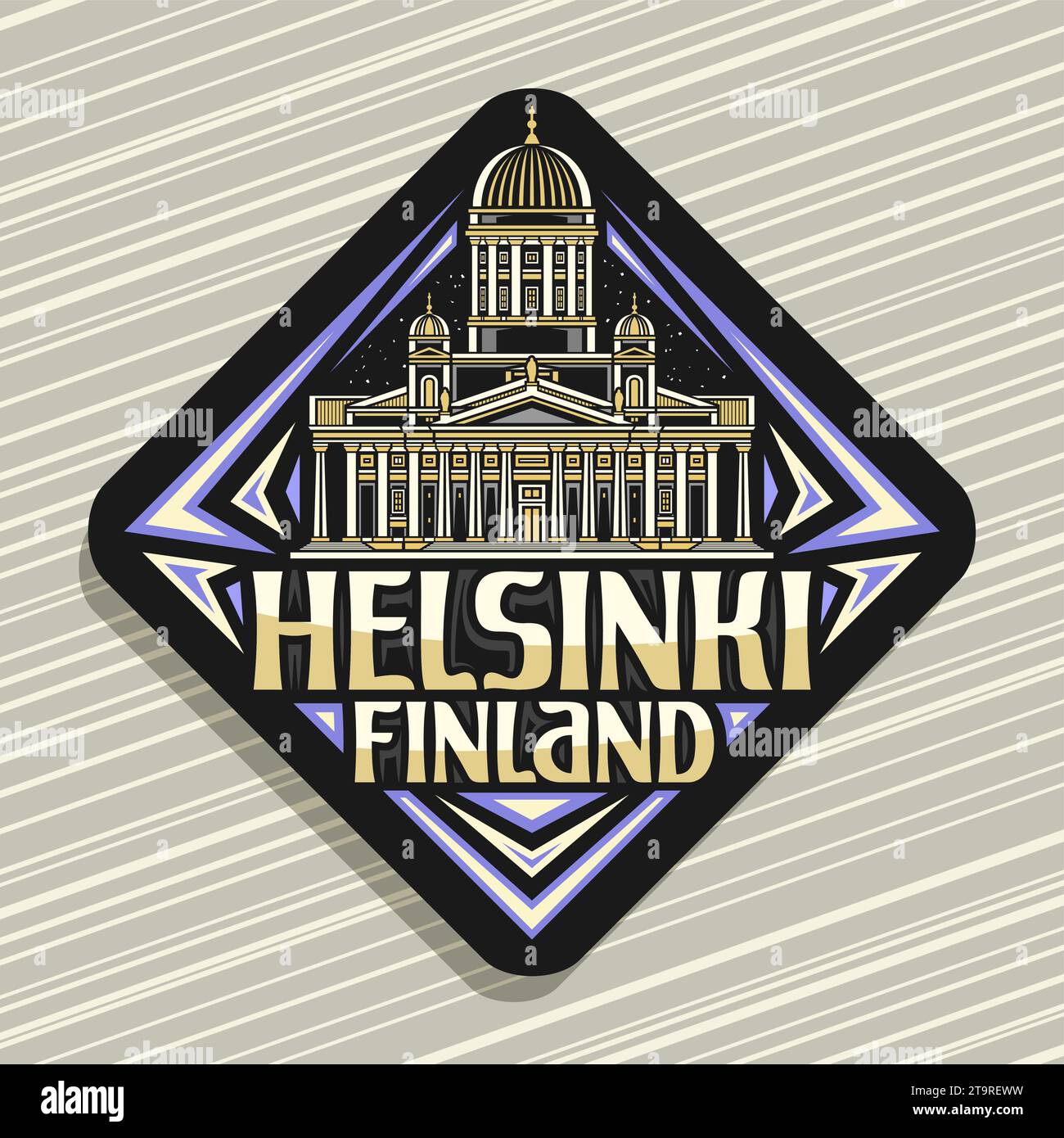 Vector logo for Helsinki, dark rhombus road sign with line illustration of historic european helsinki city scape on nighttime sky background, decorati Stock Vector