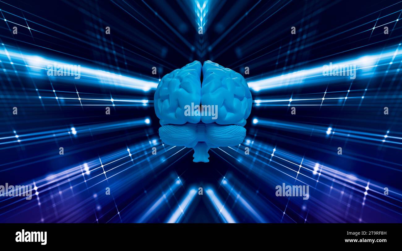 Artificial Intelligence concept. Brain shaped with blue neural connection lines and glowing dots. Stock Photo