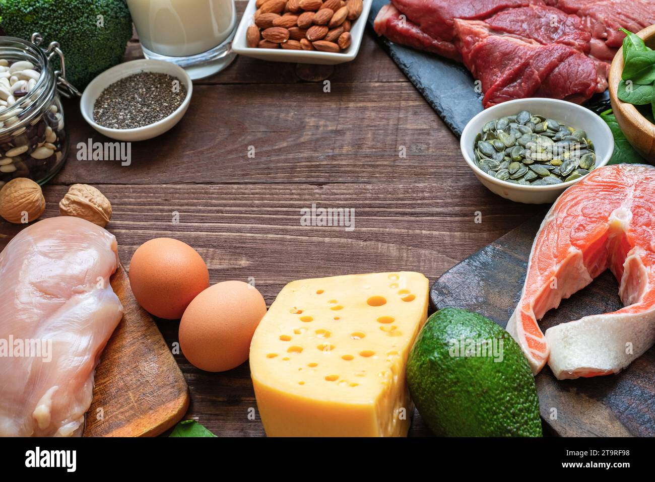 Frame made of high protein food sources. Fish, meat, poultry, nuts