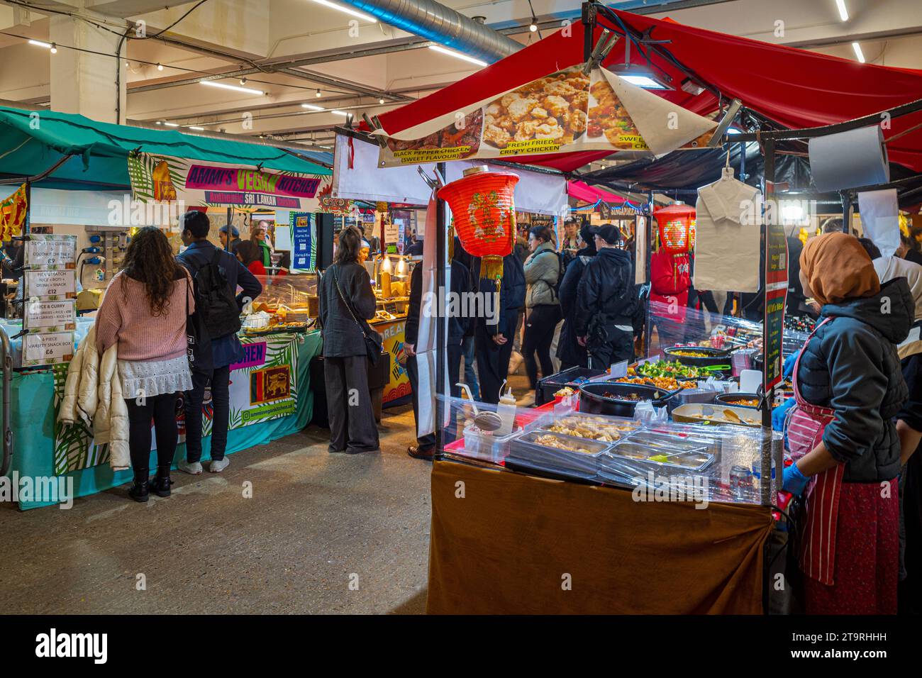Upmarket Food Market London. The Upmarket Food Hall on Brick Lane in the former Truman Brewery, serving a large variety of international street food. Stock Photo