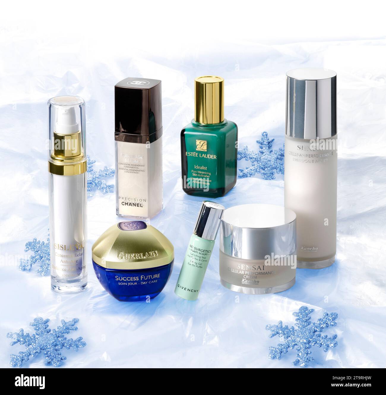 Barcelona- Spain- Circa August, 2021.  Christmas concept set of cosmetics brands of anti age and lifting treatment, serum repair and wrinkle repair. Stock Photo