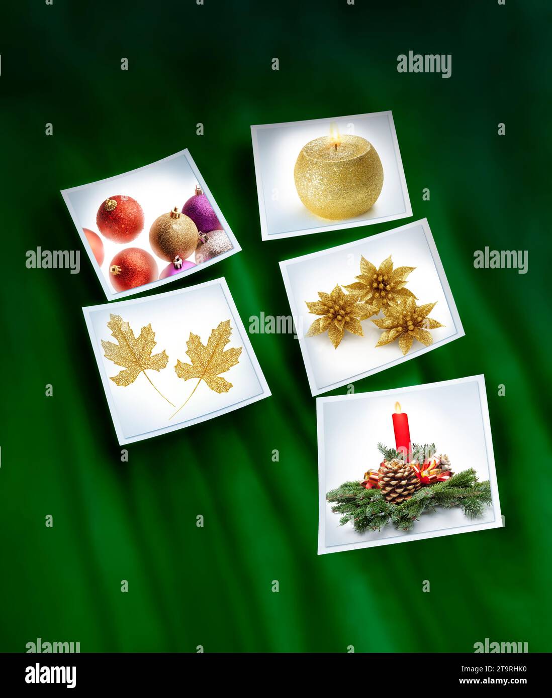 Instant  photo plates showing Christmas decorations floating against green abstract background. Creative Christmas card with copy space for Christmas Stock Photo