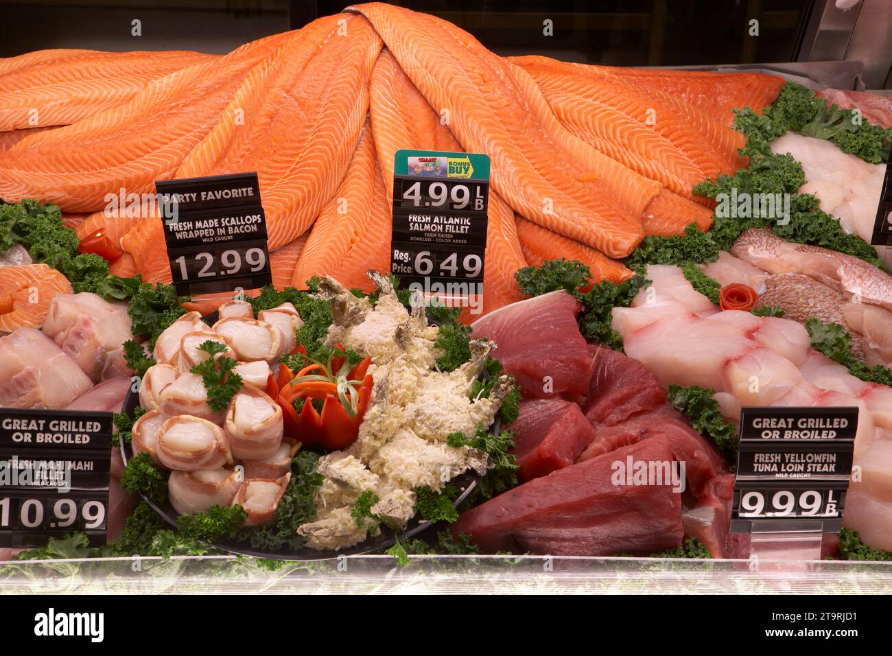 Fresh fish fillets such as salmon, mahi mahi, and yellowfin tuna at a