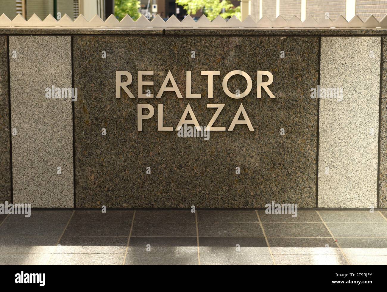 Chicago, USA - June 04, 2018: Realtor Plaza sign near Chicago Association of Realtors on Michigan Ave in Chicago. Stock Photo