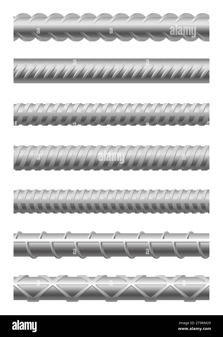 Endless rebars metal profiles rod and armature isolated set Stock Vector