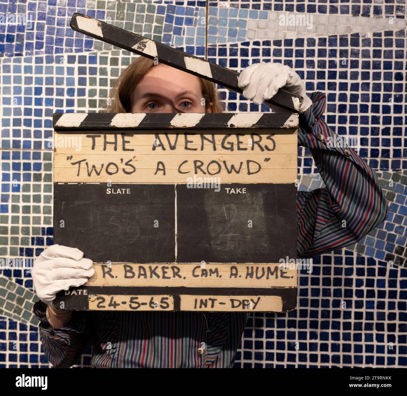 London, UK. 27th Nov, 2023. The Rock, Pop & Film sale preview takes place at Bonhams Knightsbridge for the sale on 29 November. Highlights include: The Avengers: Clapper Board from the production of episode Two's A Crowd, ABC, 1965. Estimate £1,500-2,000. Credit: Malcolm Park/Alamy Live News Stock Photo