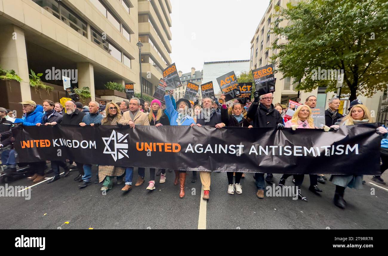 London, UK. 26th Nov, 2023. The Chief Rabbi Ephraim Mirvis and British acting and TV personalities lead the 'March Against Antisemitism' in support of hostages taken by Hamas in Gaza. Credit: Andy Soloman/Alamy Live News Stock Photo